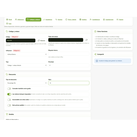 Promozione RKR Influencer: codici e link per influencer su PrestaShop