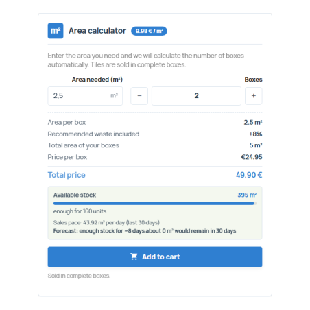 RKR Area Pricing Pro: Selling per m² with complete boxes and parts for PrestaShop