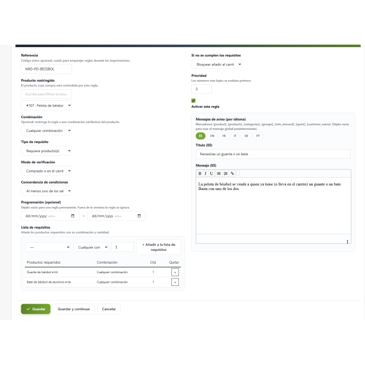 Dipendenze del prodotto RKR: Vendite con requisiti in PrestaShop