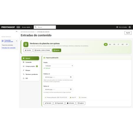 Tipos de conteúdo personalizados da RKR: receitas, eventos, projetos e muito mais na sua loja PrestaShop.