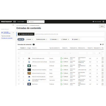 Tipos de conteúdo personalizados da RKR: receitas, eventos, projetos e muito mais na sua loja PrestaShop.