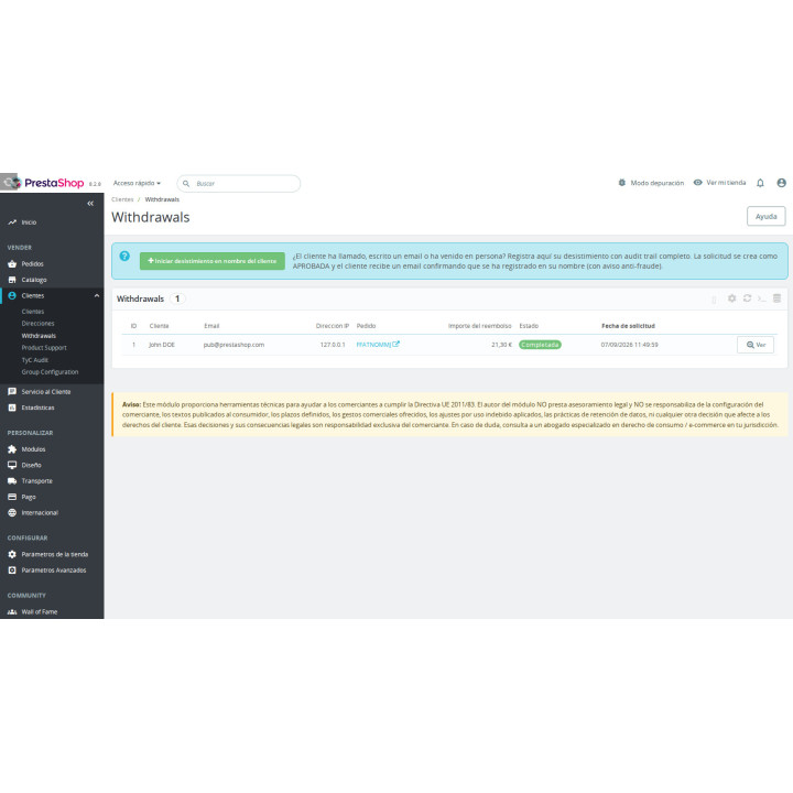 Droit de rétractation pour PrestaShop — retours conformément à la directive européenne 2011/83