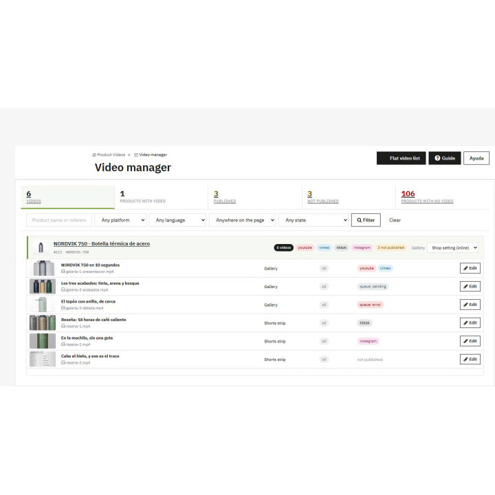Vidéos produits faciles à intégrer — vidéo sur la page produit et publication automatique sur YouTube, TikTok et Instagram pour 