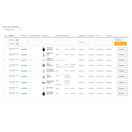 Módulo histórico de cambios de productos en backoffice