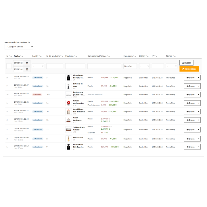 Modulo di cronologia delle modifiche del prodotto nel back office