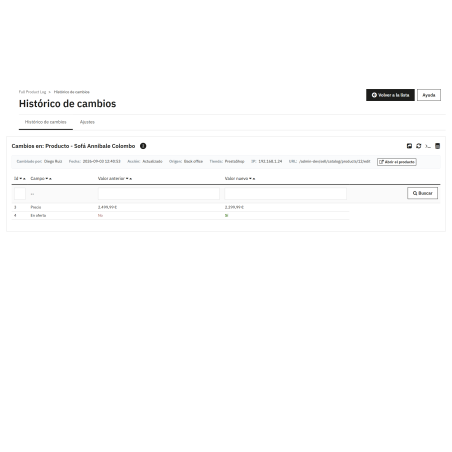 Módulo histórico de cambios de productos en backoffice