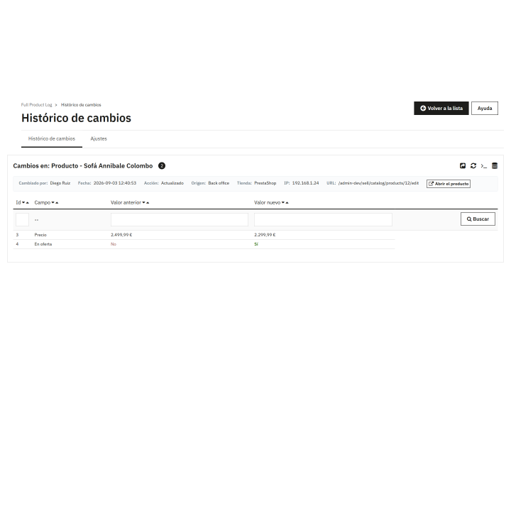 Modulo di cronologia delle modifiche del prodotto nel back office