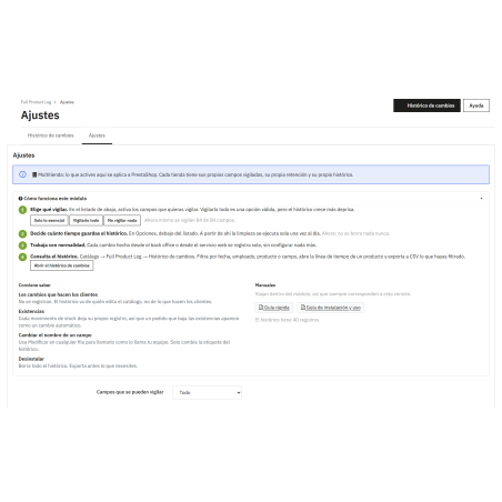Módulo histórico de cambios de productos en backoffice