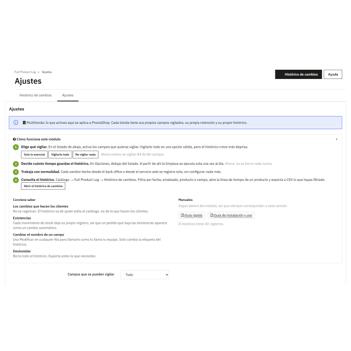 Registro completo do produto — histórico de alterações do produto para PrestaShop