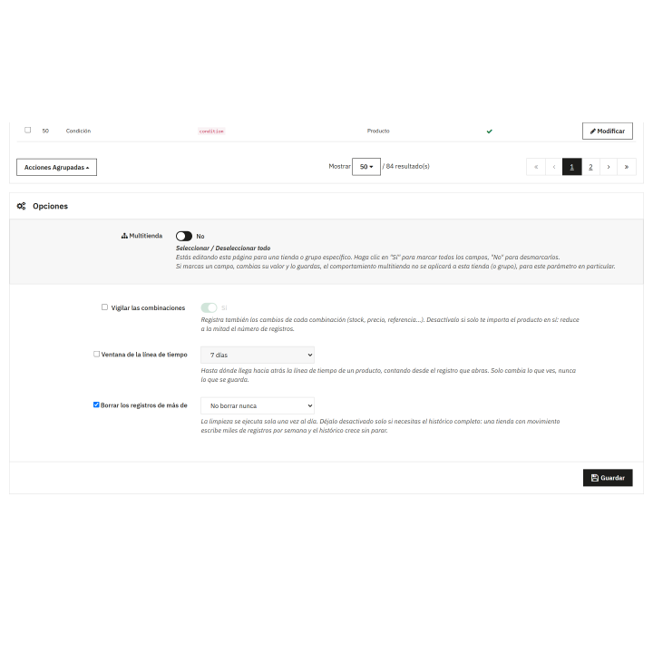 Registro completo do produto — histórico de alterações do produto para PrestaShop