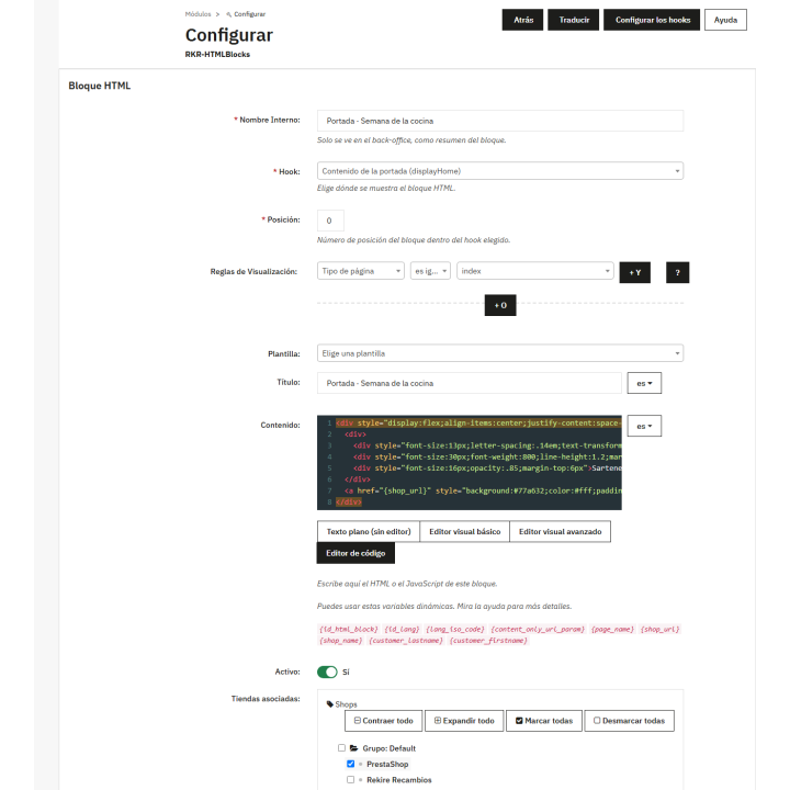 Bloques HTML y JavaScript con reglas para PrestaShop