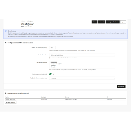 Module d'accès principal au compte client depuis le back-office