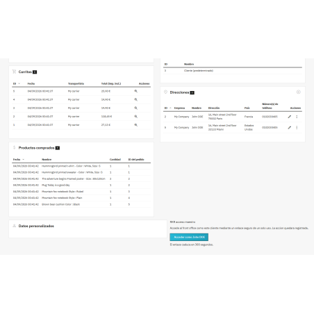 Module d'accès principal au compte client depuis le back-office