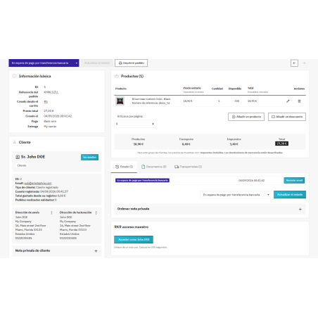 Module d'accès principal au compte client depuis le back-office