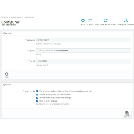 Exemplo de configuração do módulo de notificações de pedidos no Telegram.