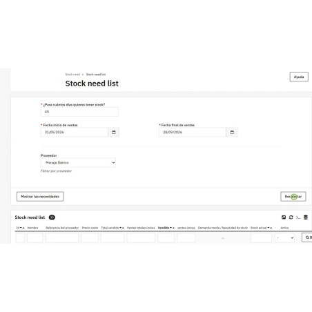Módulo cálculo de necesidades de stock