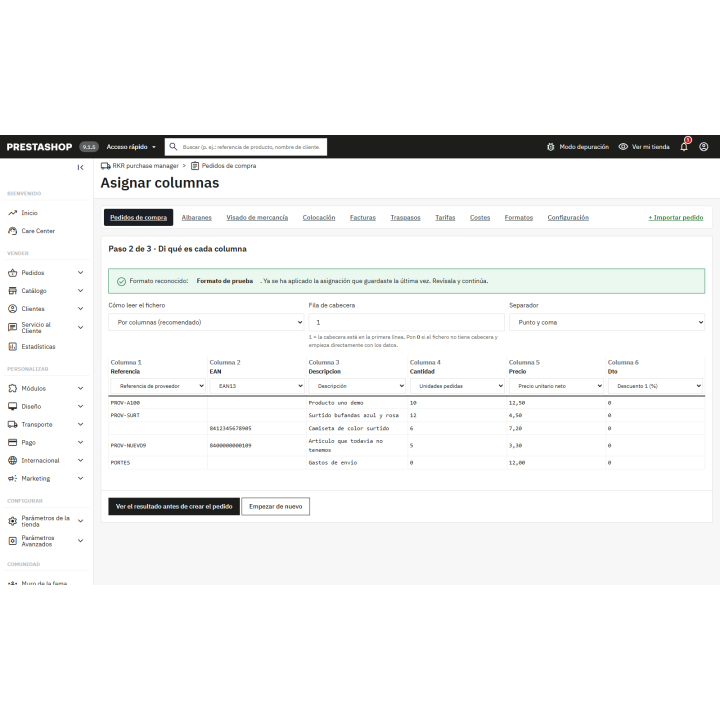 Compras para PrestaShop: pedidos, tarifas y coste real