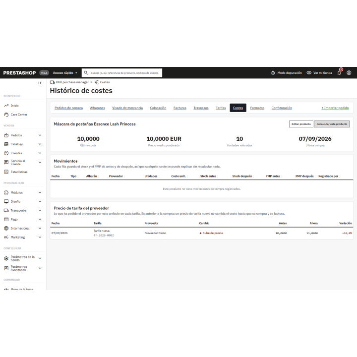 Compras para PrestaShop: pedidos, tarifas y coste real