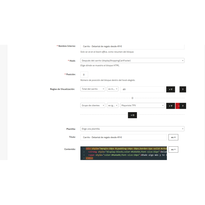 Blocchi HTML e JavaScript con regole per PrestaShop