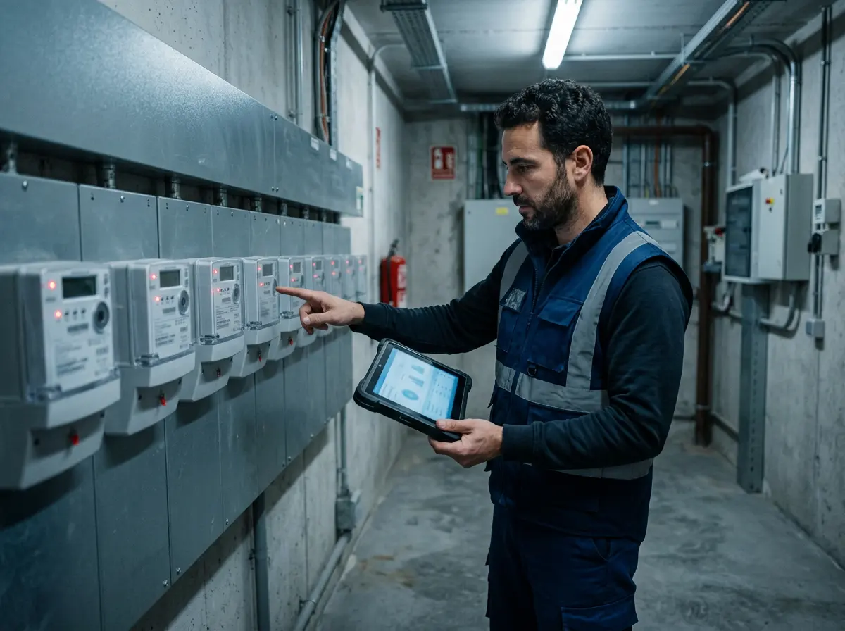 Técnico leyendo contadores de energía con un terminal portátil