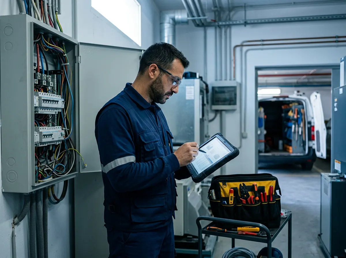 Técnico instalador registrando un parte de trabajo en una tableta