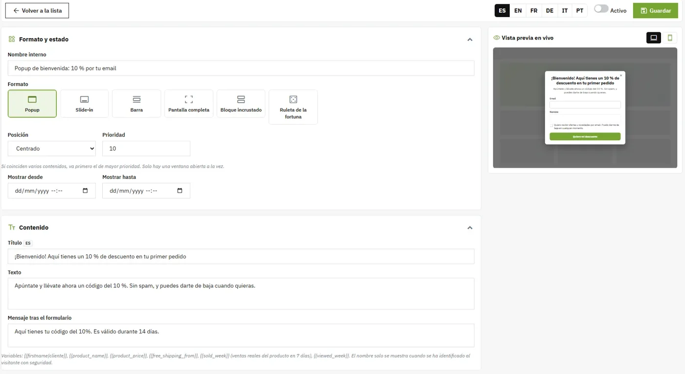 Popups y contenido en la web, con vista previa en vivo