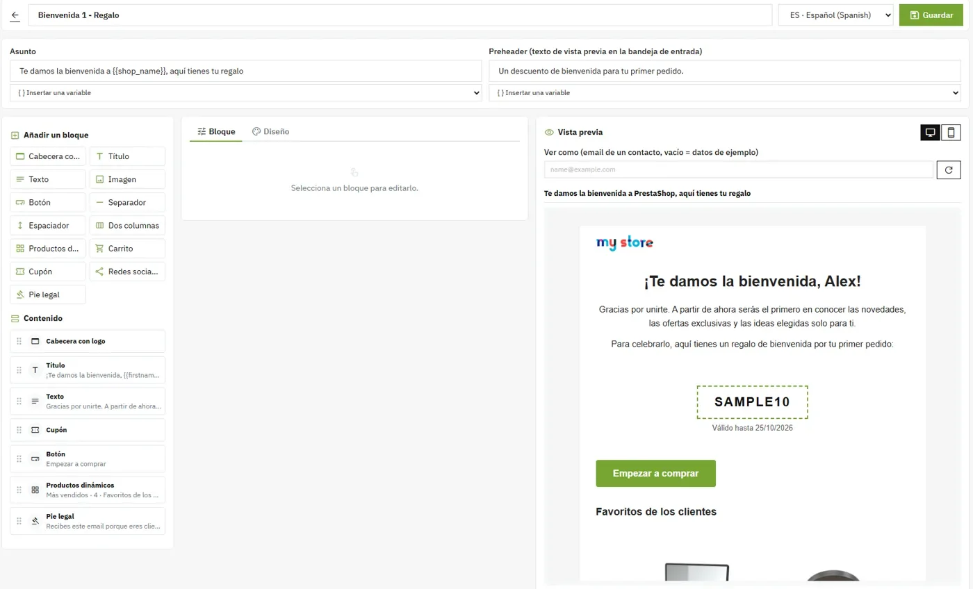 Editor de emails por bloques, con productos, carrito y cupón, y vista previa en escritorio y móvil