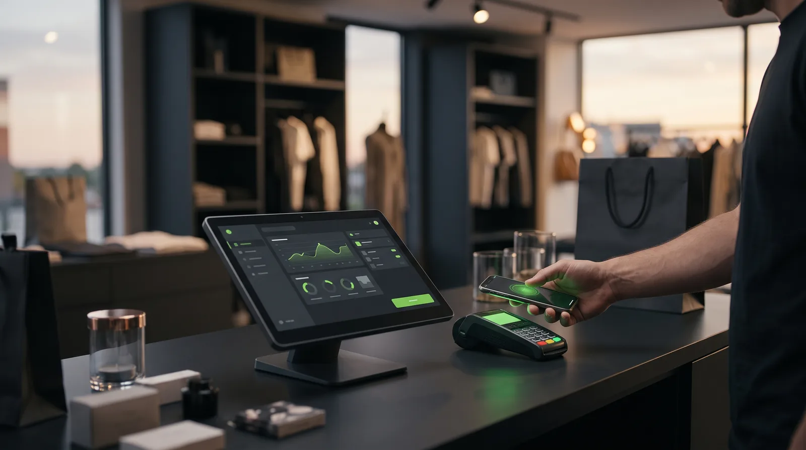 Terminal punto de venta táctil cobrando en una tienda física